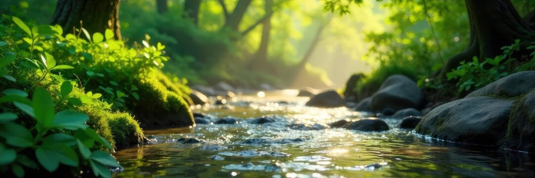 Serene nature scene evokes divine feminine energy; flowing water, lush greenery, sunlit leaves suggest spiritual connection with the earth's goddess , meditation, greenery