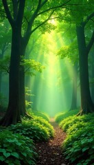 Lush green forest canopy, sunlight dappling through leaves, creating a magical atmosphere Perfect for nature, environmental, and travel themes Tranquil and serene woodland scene , ray, canopy