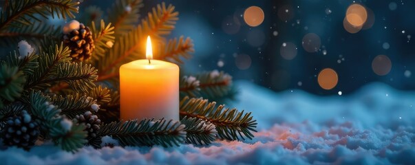 Warm, flickering candlelight illuminates a cluster of pine branches, creating a cozy and inviting winter scene Perfect for holiday or nature-themed projects , fragrance, festive, shadows