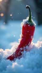 A chilling winter scene, icy frost clinging to a fiery red chili pepper, juxtaposing warmth and cold Perfect for Halloween, autumn, or winter themes , macro, halloween