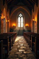 Serene candlelight illuminates a rustic church interior, casting warm glows on aged wooden pews and stone walls Perfect for themes of faith, peace, and tranquility , mystery, reflection, warm