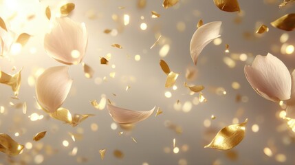 Golden Petals and Leaves Floating in a Radiant, Festive Atmosphere