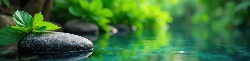 Serene horizontal spa scene featuring a tranquil water feature, lush greenery, and smooth stones Perfect for wellness, relaxation, and spa-related marketing materials , spa, mindfulness