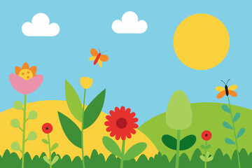 Fototapeta premium Spring meadow landscape with colorful flowers and butterflies under a bright sky
