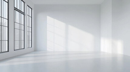 empty white  room with large window and sunlight