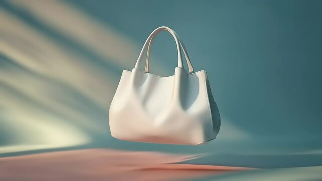Elegant white handbag suspended in soft light, showcasing modern design against a gradient background