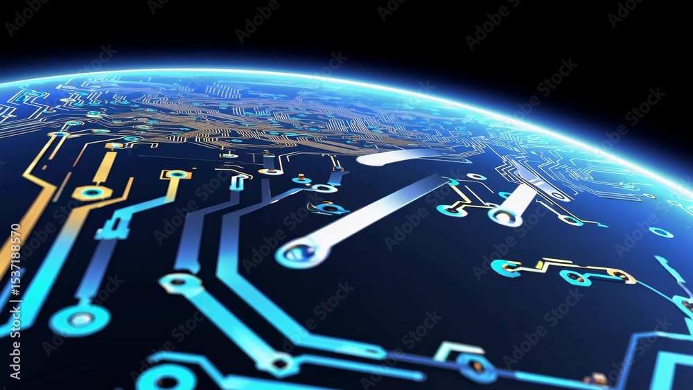 Poster electronic microchip and circuits are covering planet earth, creating an abstract representation of 
