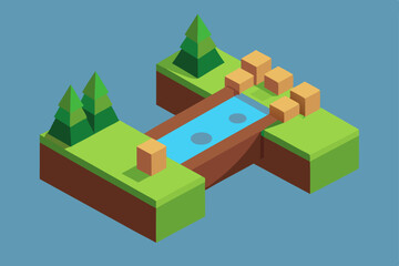 Isometric vector illustration of a house on the hill, an urban building icon set with factory and tree, perfect for city map and street design