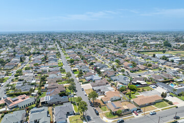 Day time aerial view of the Uptown area of Whittier with house and street, California, USA