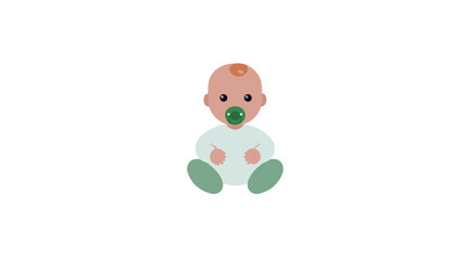 Obraz premium A simple cartoon illustration of a baby sitting down. The baby has a light-peach complexion, a dark-green pacifier, and is wearing a light-blue/white onesie and green booties. 