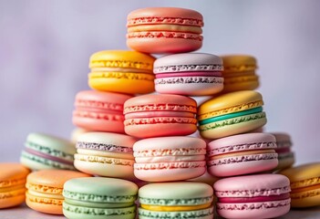 Fototapeta premium A vibrant tower of rainbow macarons, meticulously arranged, showcasing pastel hues and delicate textures, food photography, cake