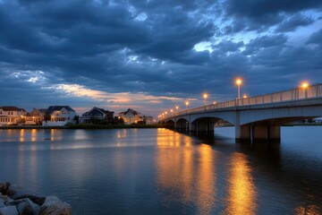 Fototapeta premium A bridge spans a body of water reflecting golden lights under a dramatic cloudy sky at dusk
