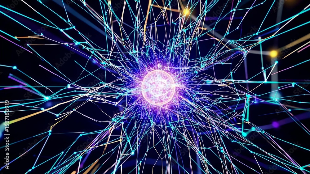 Wall mural dynamic burst of vibrant energy with intersecting neon lines radiating from a central glowing core, 