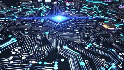 Futuristic motherboard with glowing connections processing data through a powerful cpu, symbolizing advanced computing and technological innovation