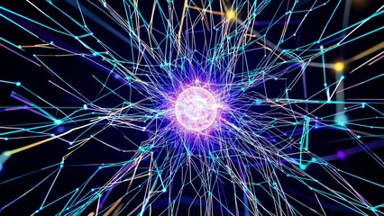 Fototapeta premium Dynamic burst of vibrant energy with intersecting neon lines radiating from a central glowing core, symbolizing technology, connectivity, and futuristic concepts