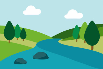 Fototapeta premium Summer landscape vector illustration with green hills, a river, trees, and a clear sky