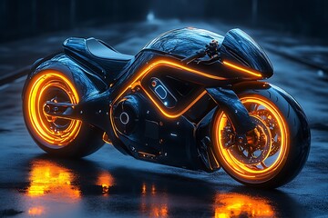 Sleek cyberpunk motorcycle with glowing neon orange lights reflecting on wet pavement