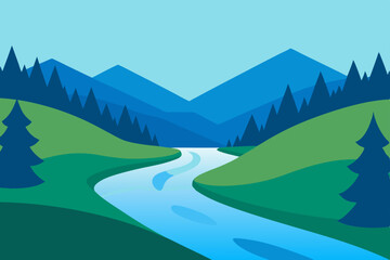 Summer mountain landscape with green trees, snow-capped peaks, and a clear blue sky