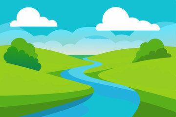 Fototapeta premium Lush green landscape with rolling hills, distant mountains, and a clear blue sky