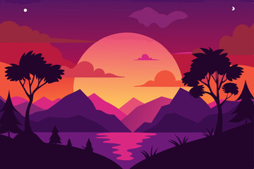 Vibrant summer sunset landscape illustration over mountains with a fiery orange sky, silhouetted trees, and a serene desert evening