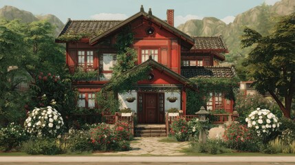 Fototapeta premium Charming Red Cottage with Lush Gardens and Mountain Backdrop
