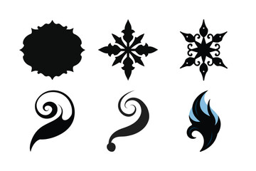 Assorted Decorative Elements Artistic Designs Featuring Black Silhouettes and a Stylized Feather with Shades of Blue