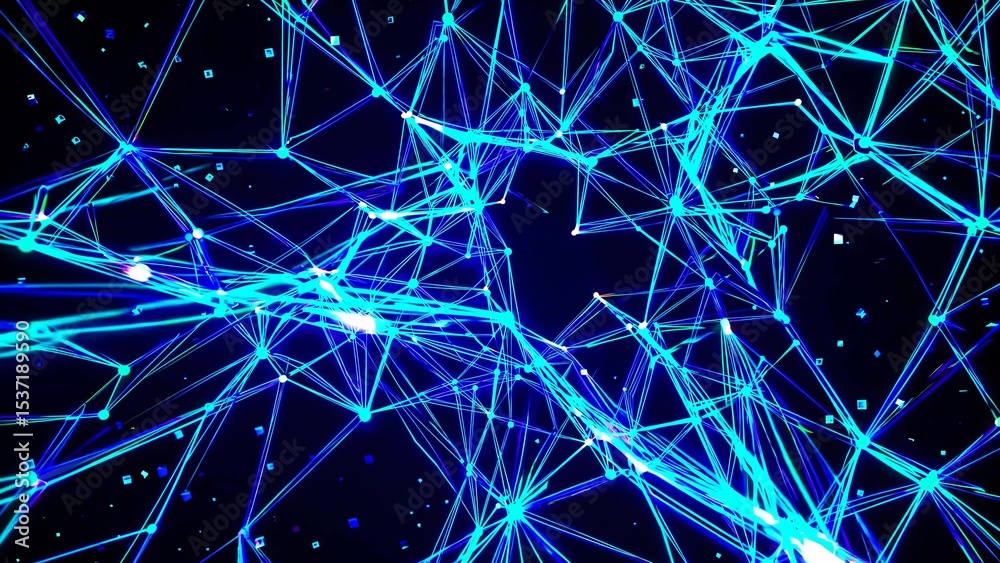 Poster glowing blue connecting lines and dots forming a plexus structure on a dark background represent mod