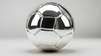 Naklejka premium 3D shiny chrome soccer ball, front view, metallic silver. Futuristic sports design symbolizing innovation, technology, and modern aesthetics—ideal for luxury branding and athletic visuals.