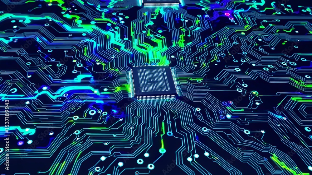Poster futuristic printed circuit board with glowing tracks processing data through a central processing un
