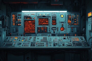 Detailed view of an industrial control room console filled with complex technological equipment