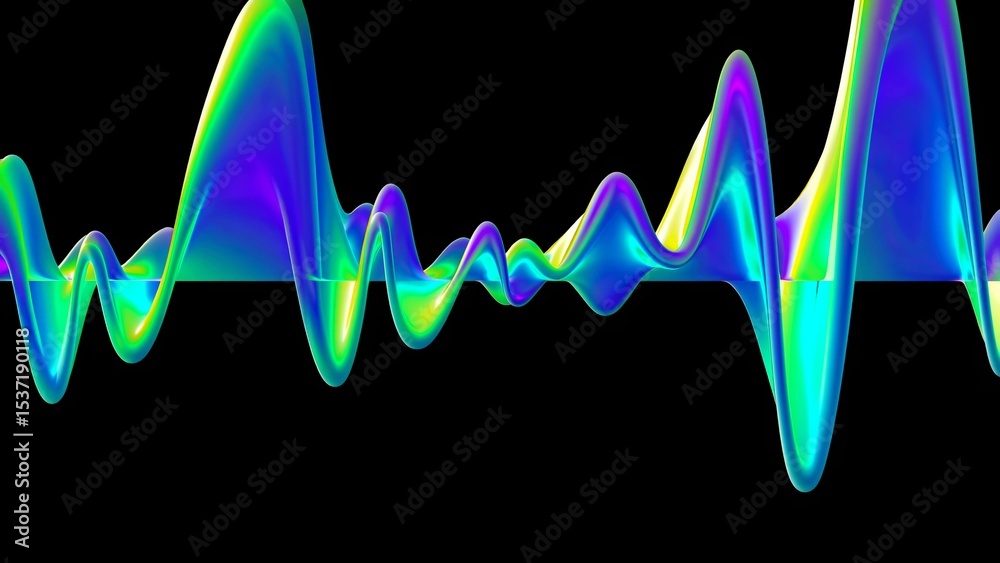 Poster colorful waveforms are flowing smoothly on a black background, creating a vibrant and dynamic abstra
