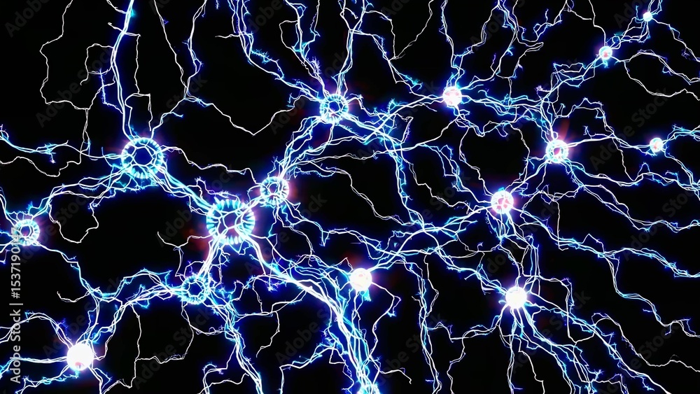 Poster active neurons firing and generating a dynamic network of electrical signals, illustrating intricate