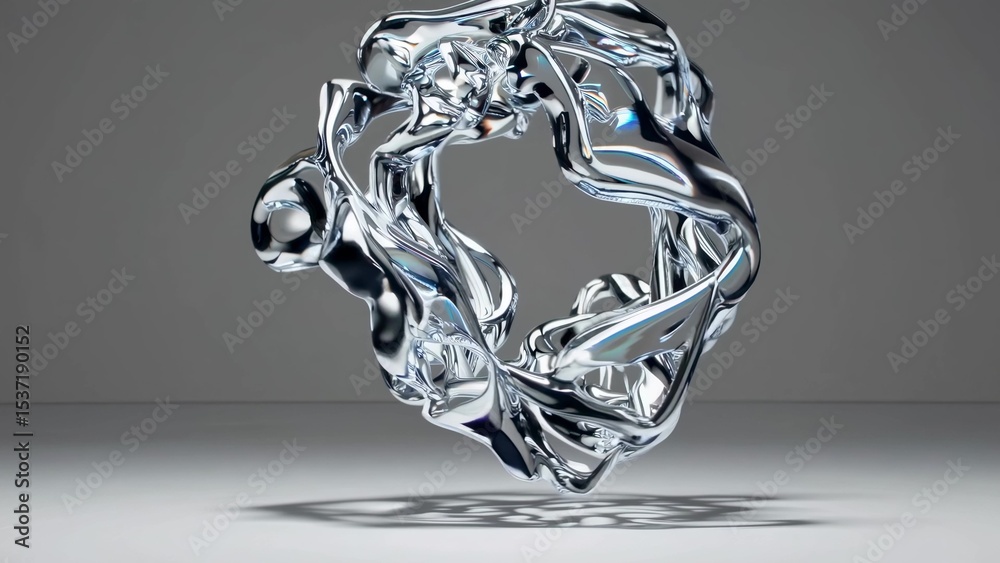 Poster floating chrome metallic shape rests over a white surface, casting intricate shadows and displaying 