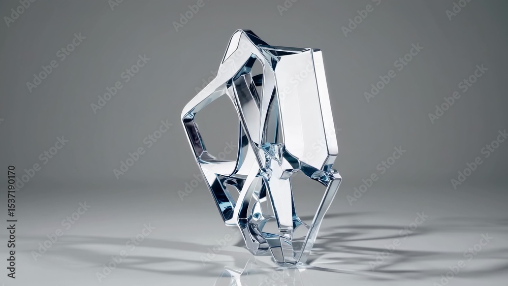 Wall mural chrome geometric structure balancing gracefully on a reflective surface, crafting an abstract and mo