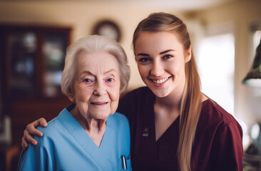 Una joven enfermera sonriente ayuda a una anciana con un andador en un interior luminoso.Residencia de ancianos.Imagen que transmite cuidado, empatía y apoyo profesional en entornos geriatrico