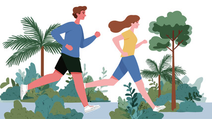 A vector illustration depicting a man and a woman jogging side-by-side in a park. The style is cartoonish with flat colors. The background includes stylized green trees, plants, and palm trees. The