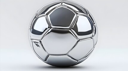 Naklejka premium 3D shiny chrome soccer ball, front view, metallic silver. Futuristic sports design symbolizing innovation, technology, and modern aesthetics—ideal for luxury branding and athletic visuals.