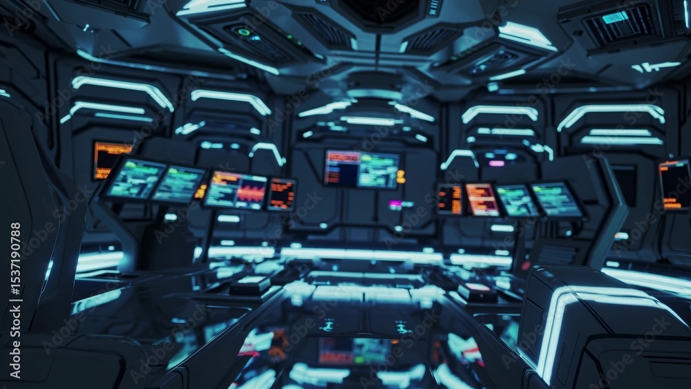 Poster multiple computer screens and control panels are illuminating a futuristic spaceship bridge, suggest
