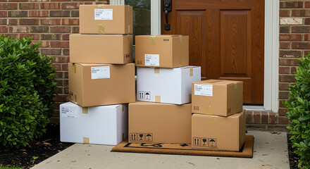 Stack of Cardboard Boxes on a Residential Doorstep