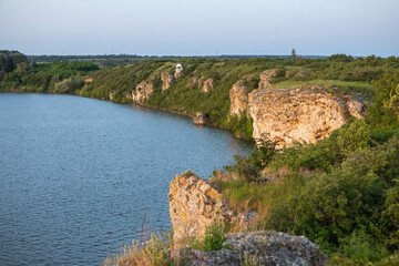 Beautiful natural landscape in the north of the Republic of Moldova with the Prut River and steep...