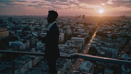 Businessman stands on a rooftop at sunset, using a tablet and overlooking the cityscape, enjoying the urban view and planning his next move in the vibrant metropolis