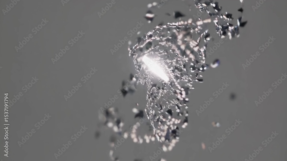 Poster metallic particles rotating and forming a spiral with a bright light in the center against a gray ba
