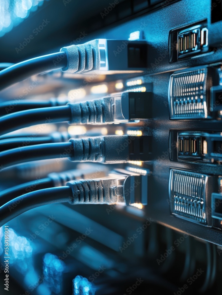 Poster close up of several ethernet cables plugged into a network switch. this image is a great representat