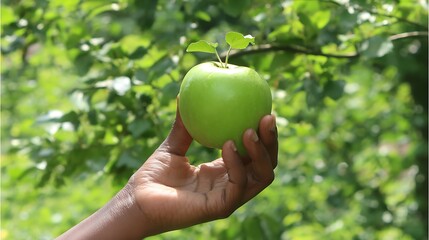 Green apple held in hand, lush foliage background