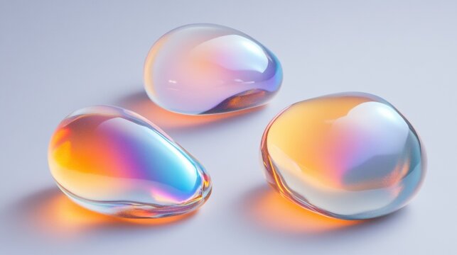 Three glossy, iridescent spheres with smooth surfaces and vibrant reflections on a soft gradient background.