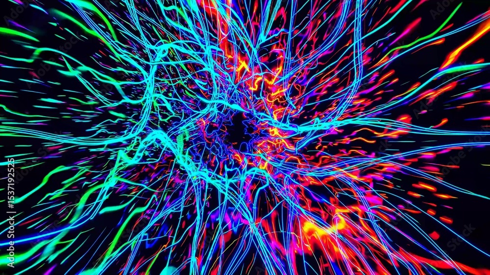 Poster vivid neon light trails explode in a dynamic pattern against a dark background. creating an energeti