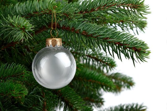 A clear glass bauble hangs from a Christmas tree branch