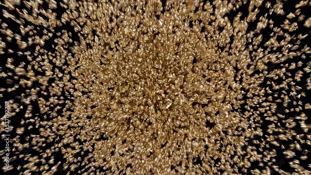 Poster dynamic display of shimmering golden particles scattering against a dark backdrop, creating a mesmer