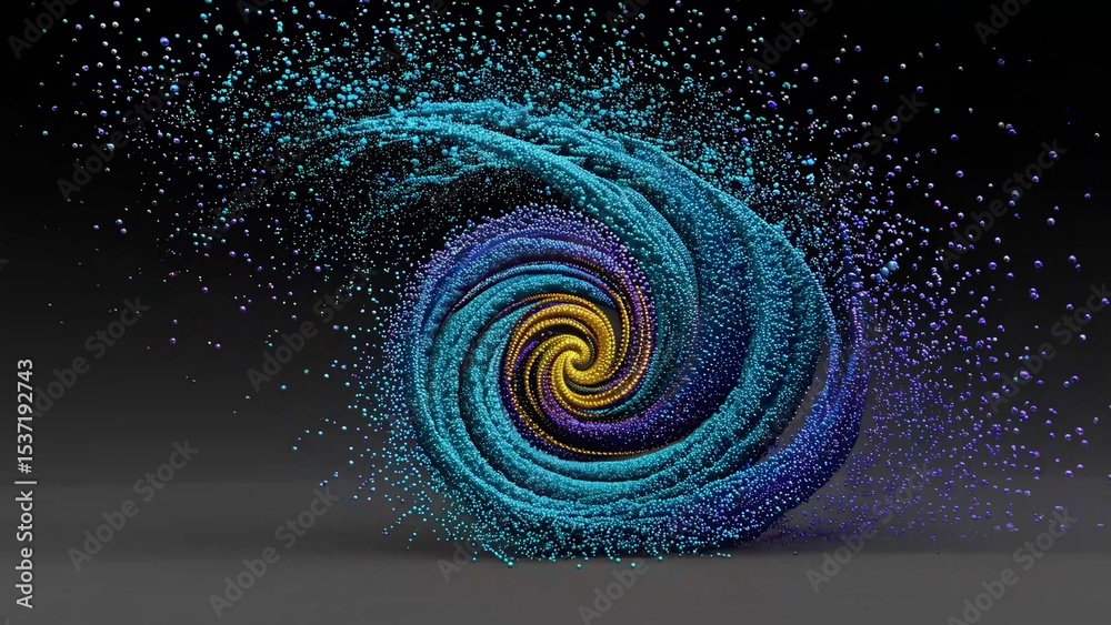 Poster small colorful particles rotating and forming a spiral with a yellow core on a dark background, crea