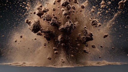 Powerful explosion sends rocks and soil flying, capturing the energy and chaos of nature's force. Dust and debris scatter in a dramatic display of movement and power
